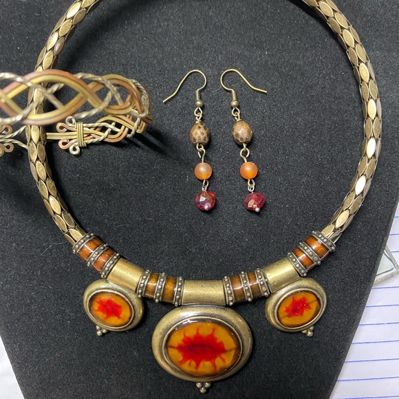 Jewelry - Chico’s brass and enameled choker.. earrings and hand crafted bracelet